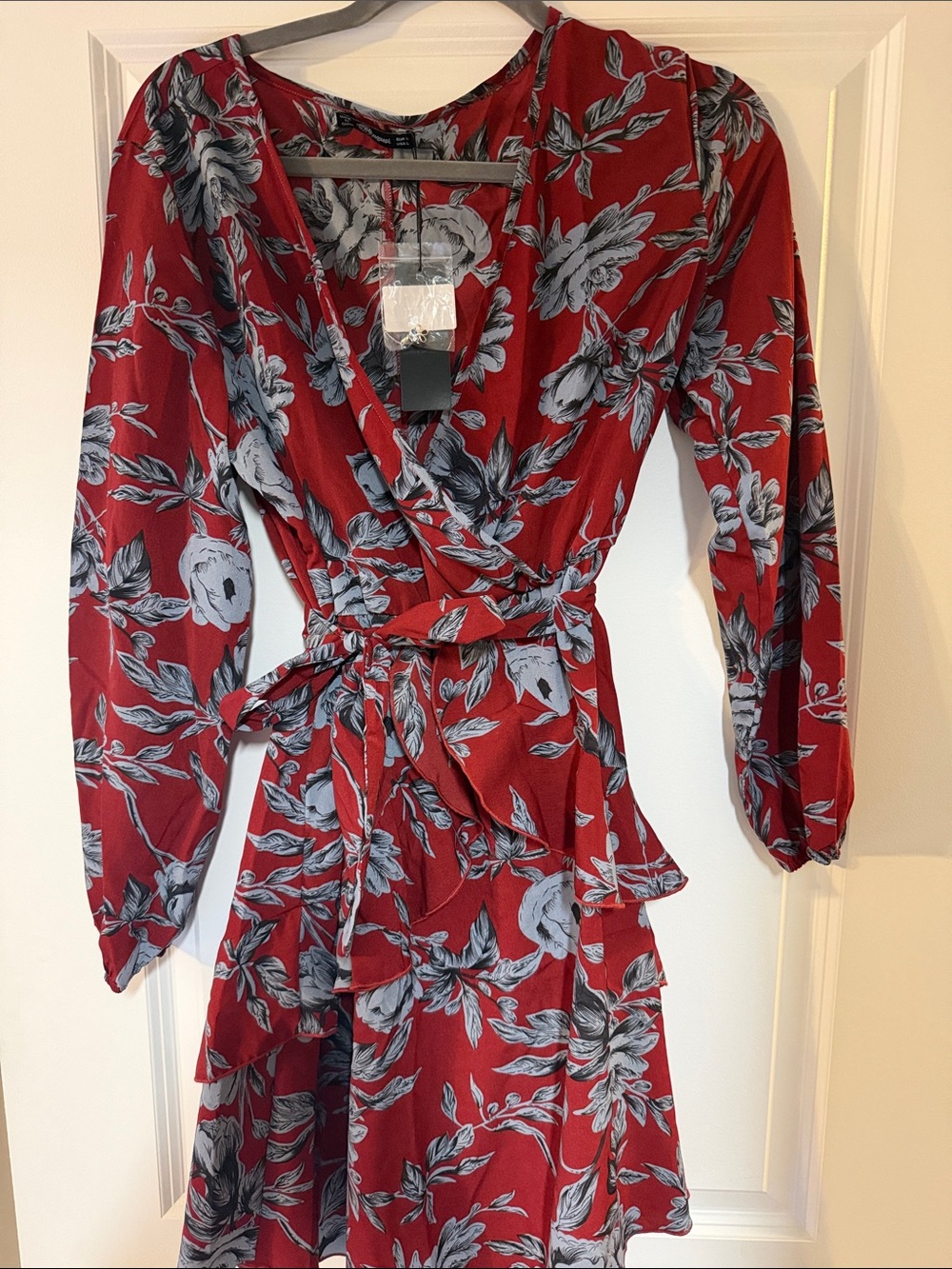 Women's Long Sleeve Red Floral Wrap Dress